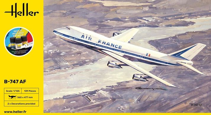 Prefab model 1/125 jet plane Boeing B-747-200 `Air France` Starter kit Heller 56459