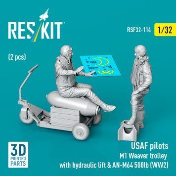 Фигуры 1:32 пилоты ВВС США (2 шт.) и тележка M1 Weaver с гидравлическим подъемником, а также AN-M64 500 фунтов (Вторая мировая война) Reskit RSF32-011