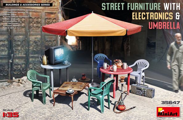 Сборная модель 1/35 для диорами уличная мебель с электроникой и зонтиком MiniArt 35647