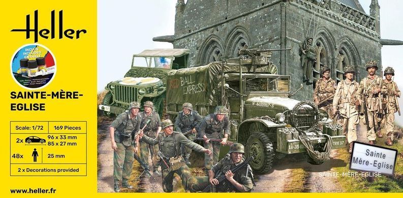 Prefab model 1:72 figures and two cars Sainte-M&egrave;re-Eglise Starter kit Heller 52327