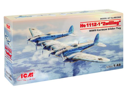 Assembled model 1/48 aircraft He 111Z-1 “Zwilling”, German WWII glider tug ICM 48260