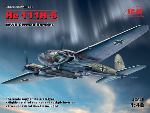 Сборная модель 1/48 самолет He 111H-6, Немецкий бомбардировщик 2 Мировой войны ICM 48262