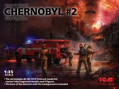 Assembled model 1/35 Chernobyl#2. Firefighters (АЦ-40-137А, 4 figures and a stand for diorama with a background) I