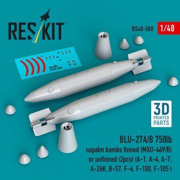 Масштабна модель 1:48 BLU-27A/B 750-фунтова напалмова бомба з оребренням (MXU-469/B) або без оребрення (2 шт.) Reskit RS48-0580