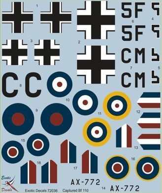 Decals 1:72 Captured Bf110C-5 W Nr 2177 Exotic Decals ED72036