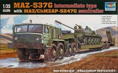 Prefab model 1/35 Ukrainian MAZ-537G with semi-trailer MAZ/ChMZASP 5247G Trumpeter 00211