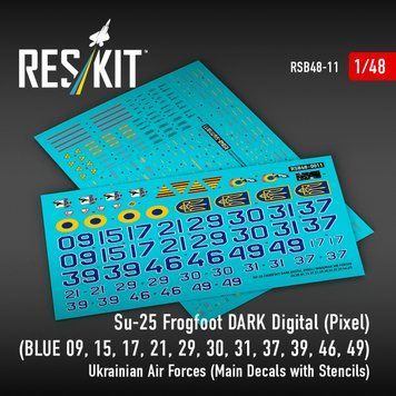 Декалі 1:48 для Су-25 &laquo;Frogfoot&raquo; ТЕМНИЙ цифровий (піксельний) (СИНІЙ 09, 15, 17, 21, 29, 30, 31, 37, 39, 46, 49) Повітряні сили України Reskit RSB48-0