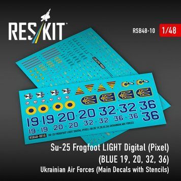 Декалі 1:48 для Су-25 Frogfoot LIGHT Digital (Pixel) (СИНІЙ 19, 20, 32, 36) Повітряні сили України Reskit RSB48-0010