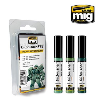 Набор маркеров для имитации грязи потеков Mechas Зеленые тона (Mechas Green Tones) Ammo Mig 7509