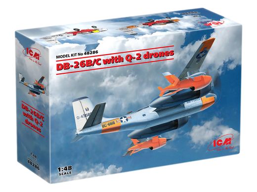 Assembled model 1/48 DB-26B/C aircraft with Q-2A Firebee drones ICM 48286