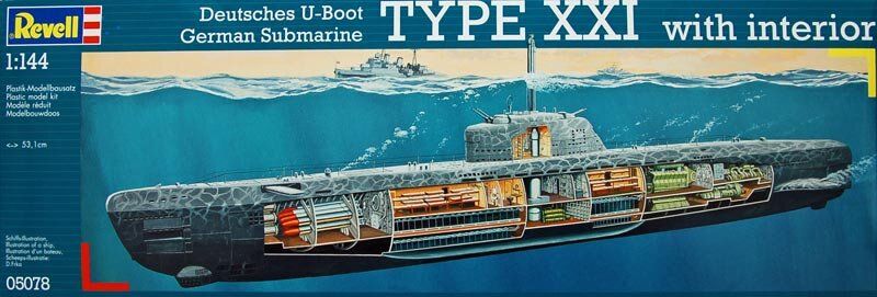 Сборная модель 1/144 немецкая подлодка Deutsches U-Boot Type XXI with interior Revell 05078