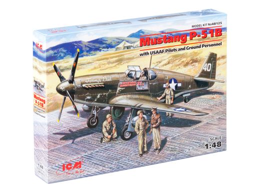 Assembled model 1/48 plane Mustang R-51B, American fighter with pilots and technicians ICM 48125