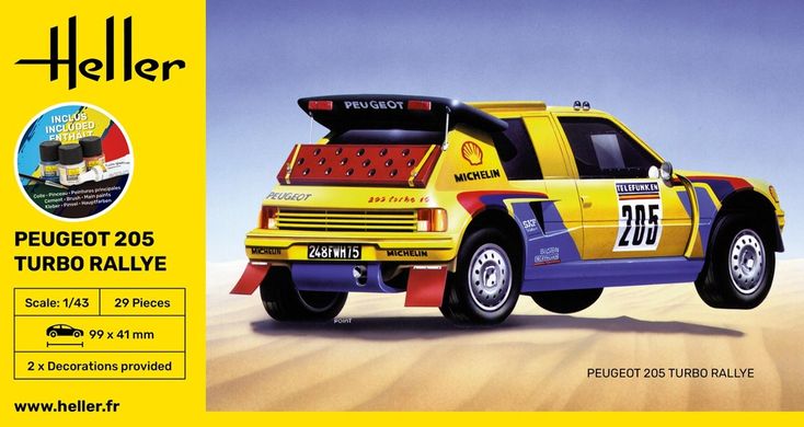 Сборная модель 1/43 автомобиль Peugeot 205 Turbo Rally Стартовый набор Heller 56189