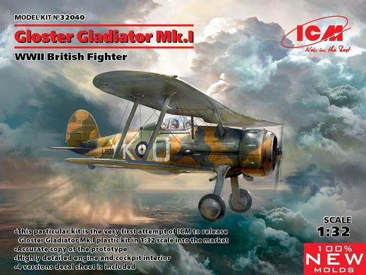 Prefab model 1/32 aircraft Gloster Gladiator Mk.I, British fighter 2SV ICM 32040