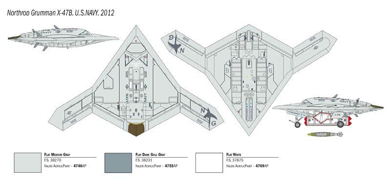 Assembled model 1/72 unmanned aerial vehicle (UCAV) X-47B Northrop Grumman Italeri 1421