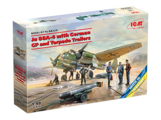 Assembled model 1/48 Ju 88A-4 aircraft with German ground crew and torpedo trolleys ICM 48229